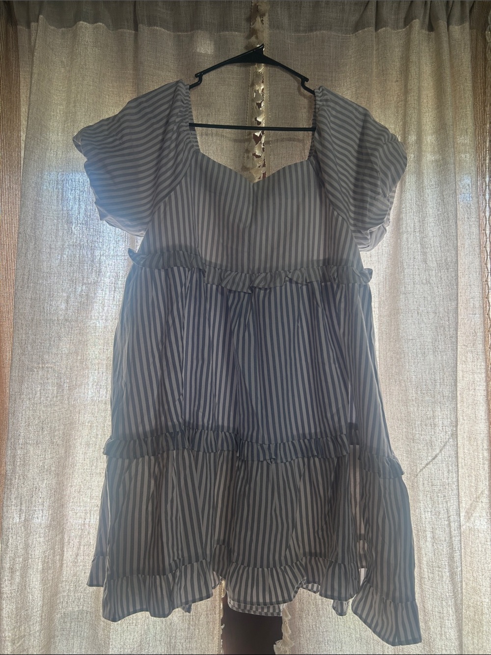 BiBi Blue and White Striped Ruffle Tiered Mini Dress